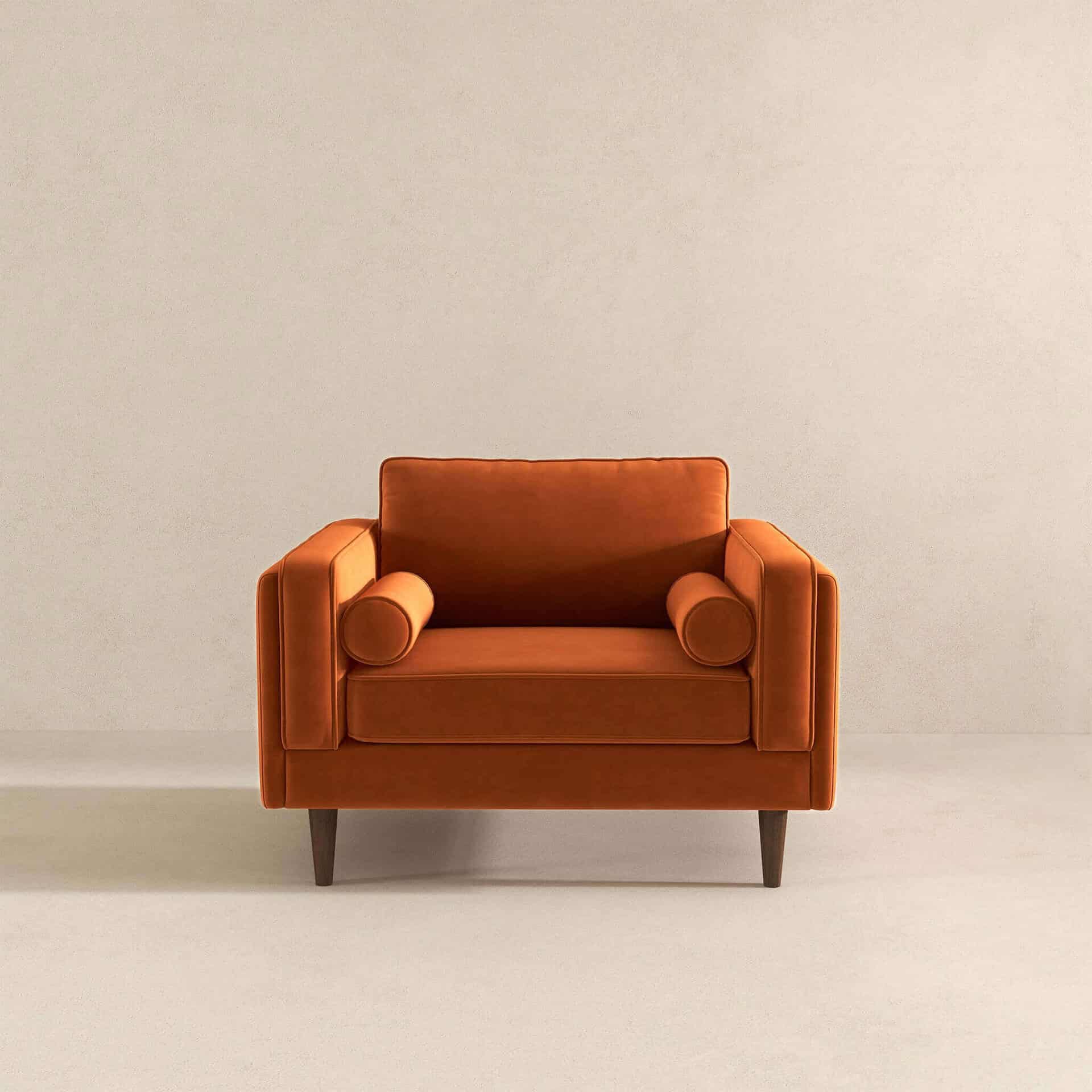 Orange Velvet Mid-Century Modern Lounge Chair with Walnut Legs