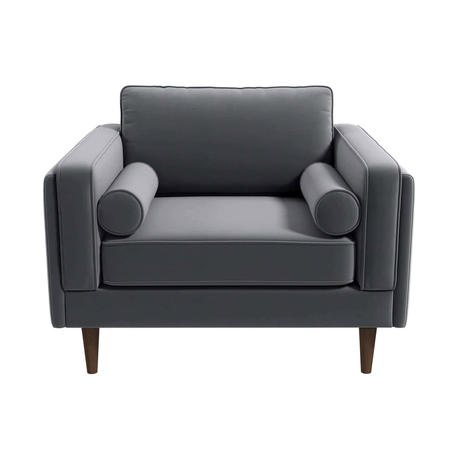 Grey Velvet Mid-Century Armchair with Walnut-Finished Legs