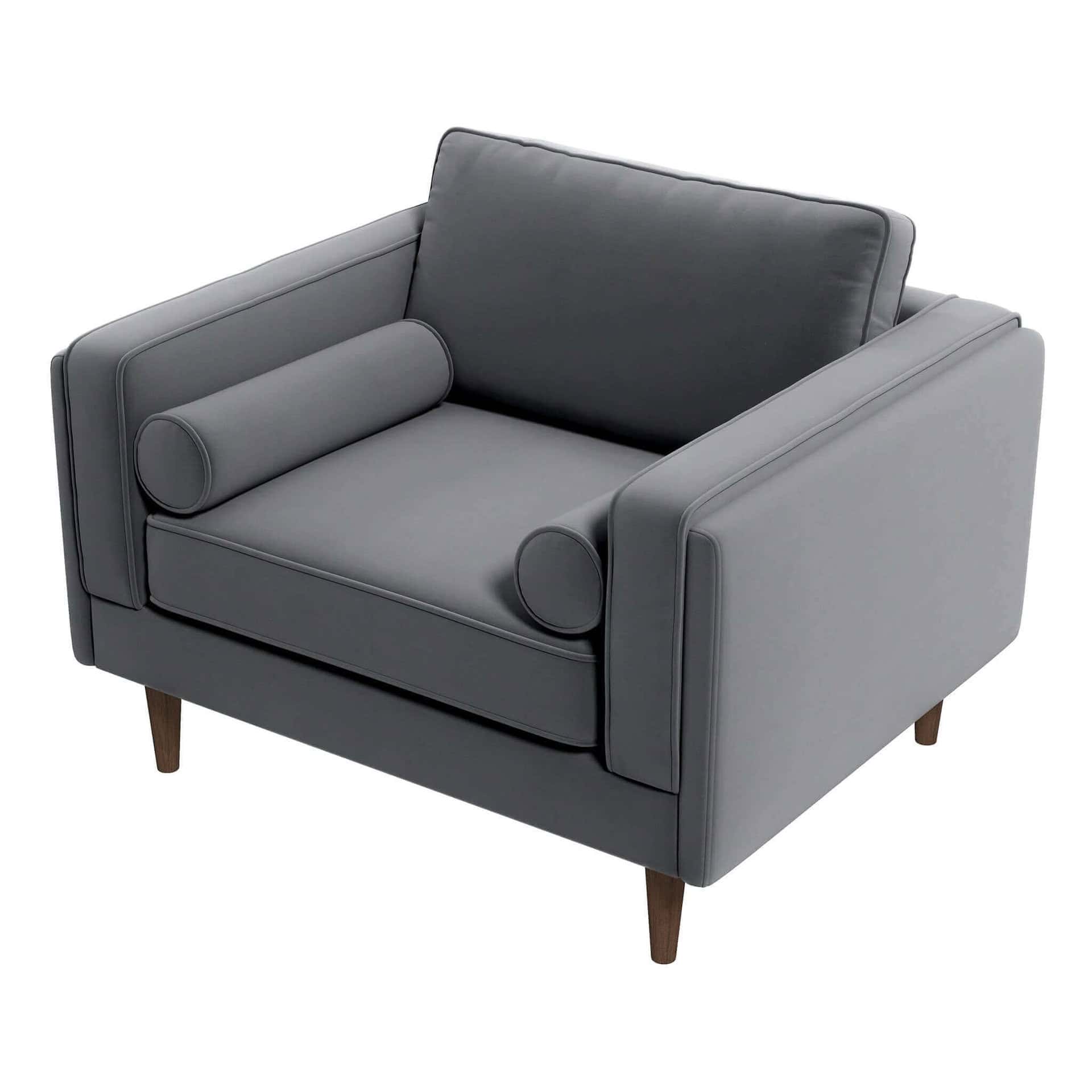 Grey Velvet Mid-Century Armchair with Walnut-Finished Legs