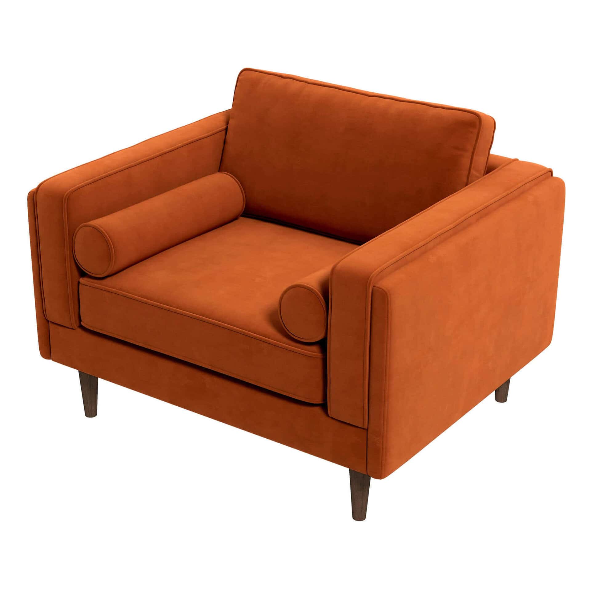 Orange Velvet Mid-Century Modern Lounge Chair with Walnut Legs