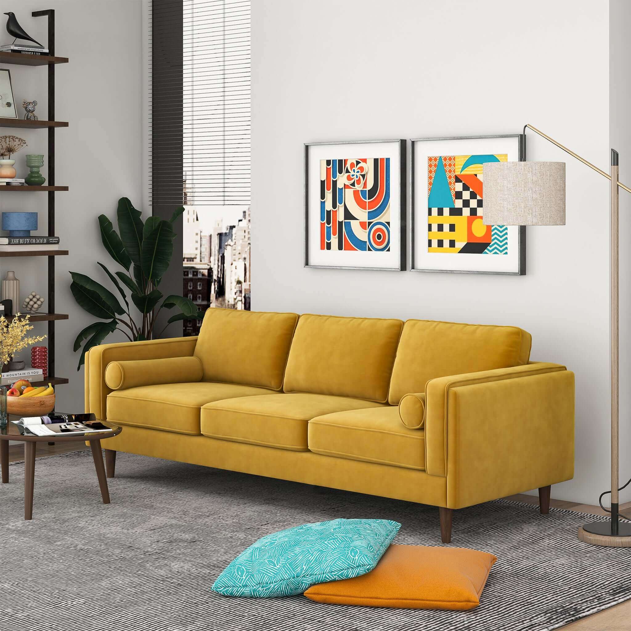 Yellow Velvet Mid Century Modern Sofa with Removable Legs