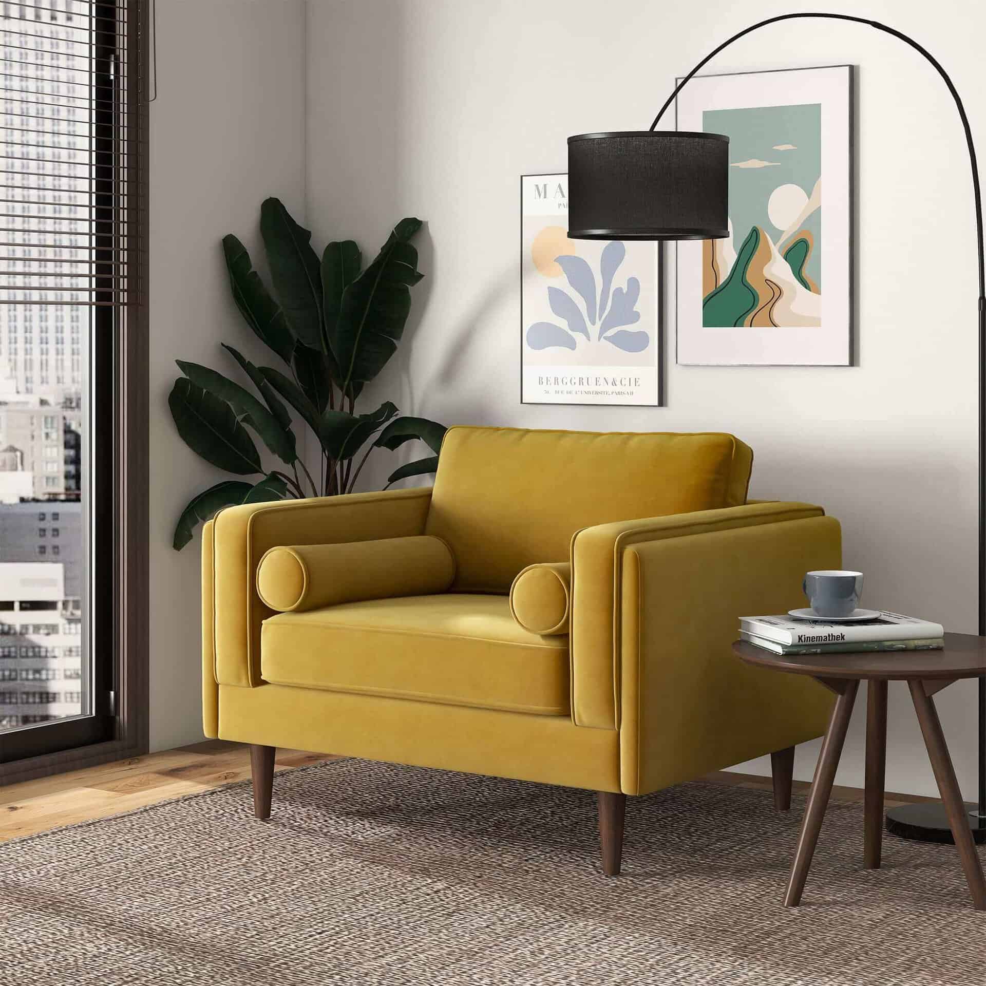 Yellow Velvet Mid-Century Modern Armchair with Walnut Legs