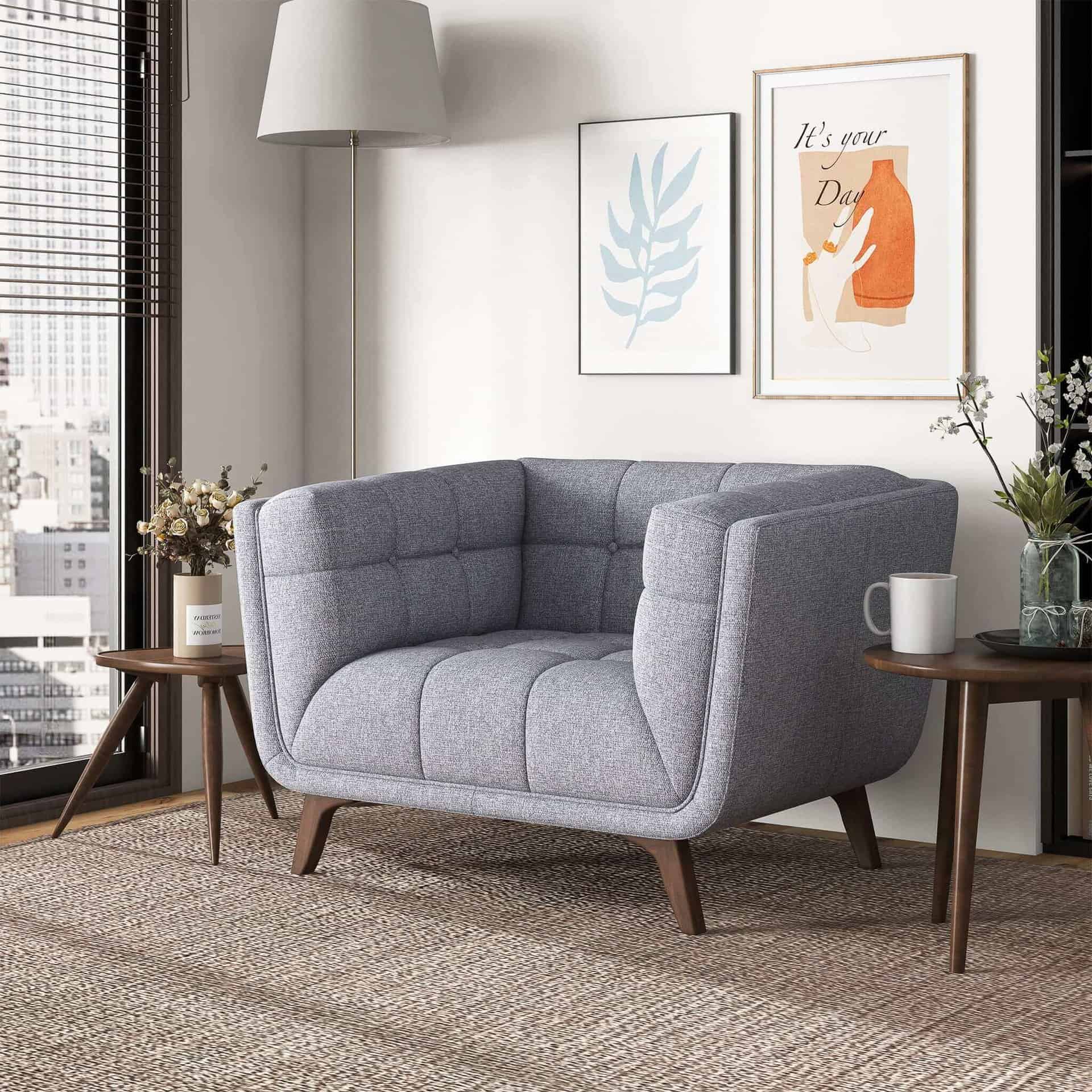 Grey Fabric Mid-Century Modern Lounge Chair with Walnut Legs