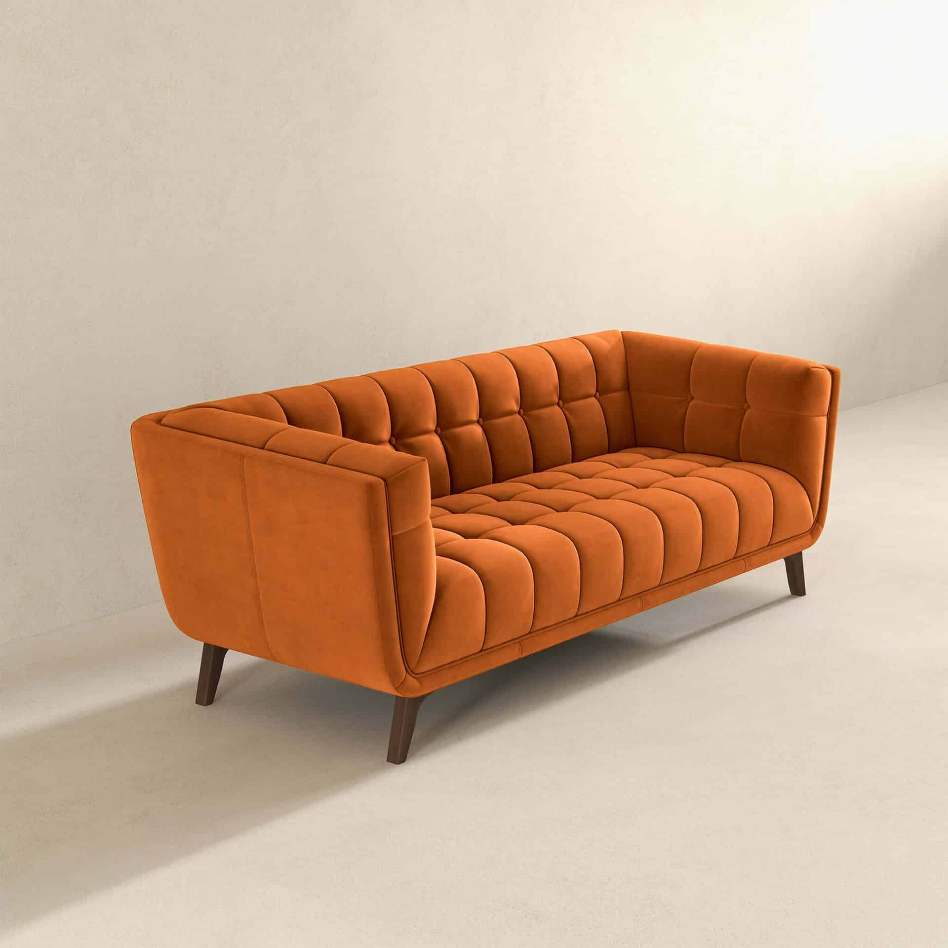 Blue Velvet Mid-Century Modern Sofa with Solid Wood Base