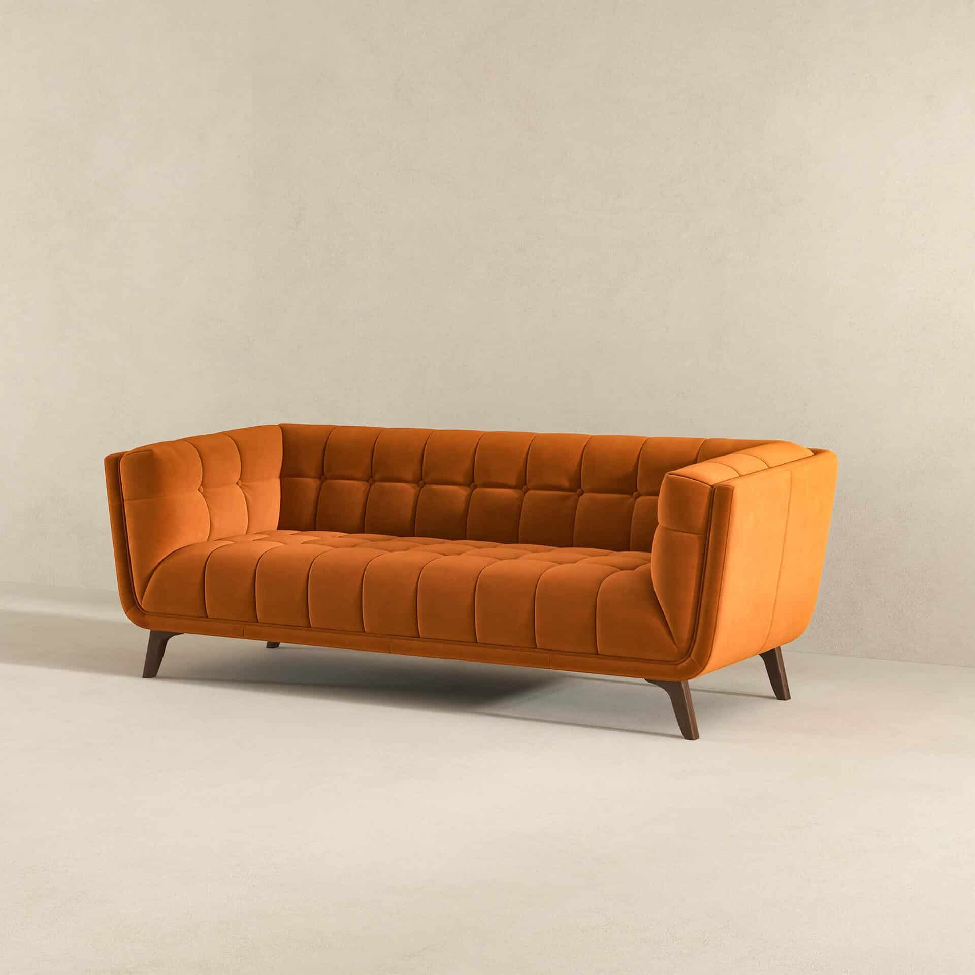 Blue Velvet Mid-Century Modern Sofa with Solid Wood Base