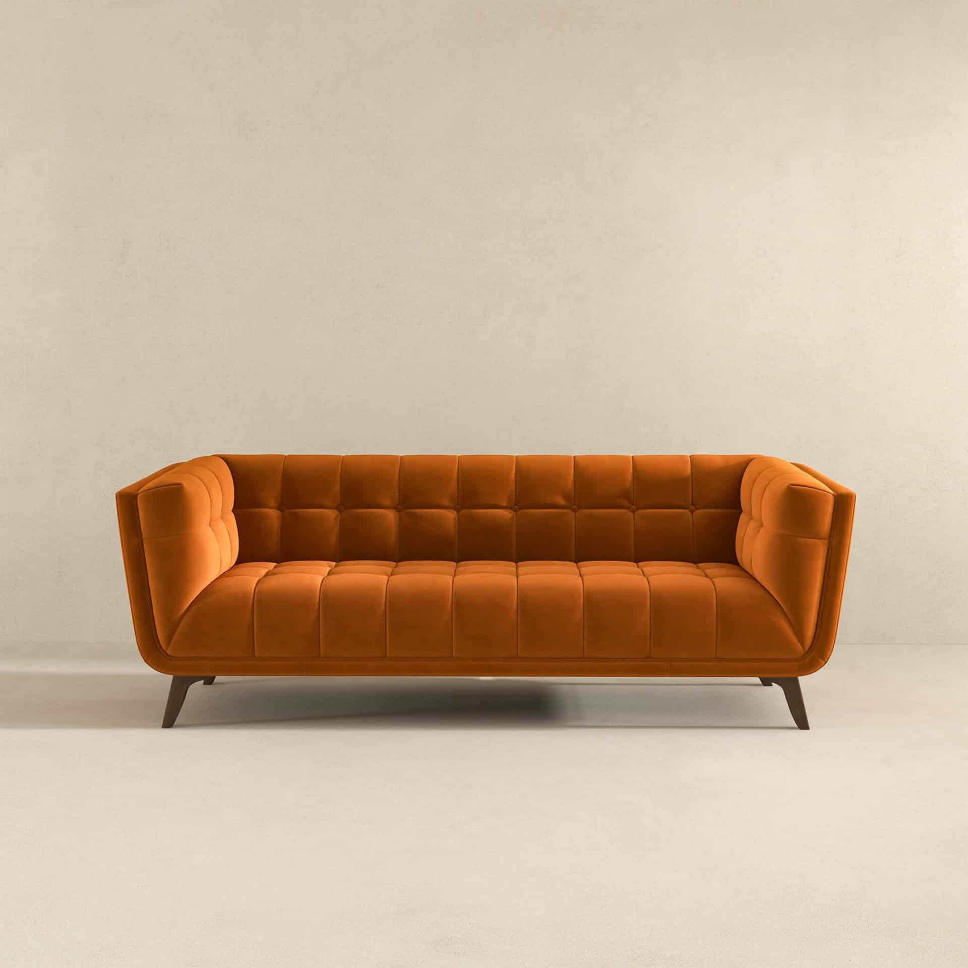 Blue Velvet Mid-Century Modern Sofa with Solid Wood Base