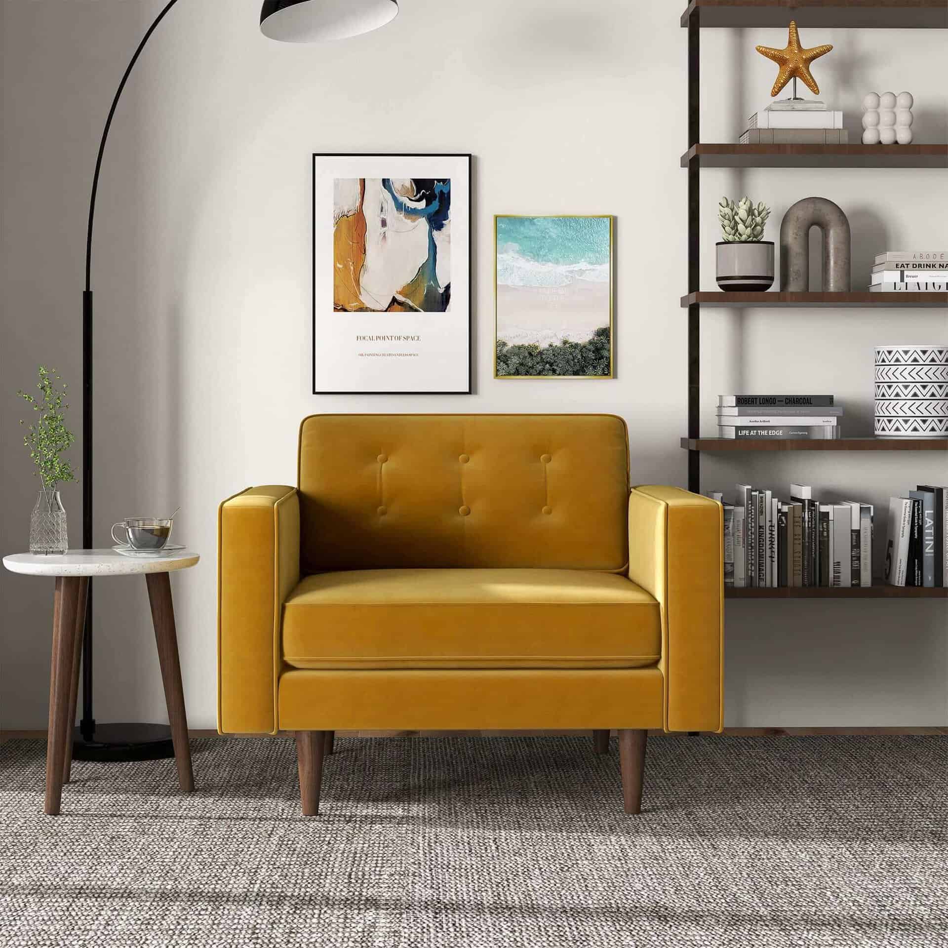 Gold Velvet Mid-Century Modern Lounge Chair with Walnut Legs