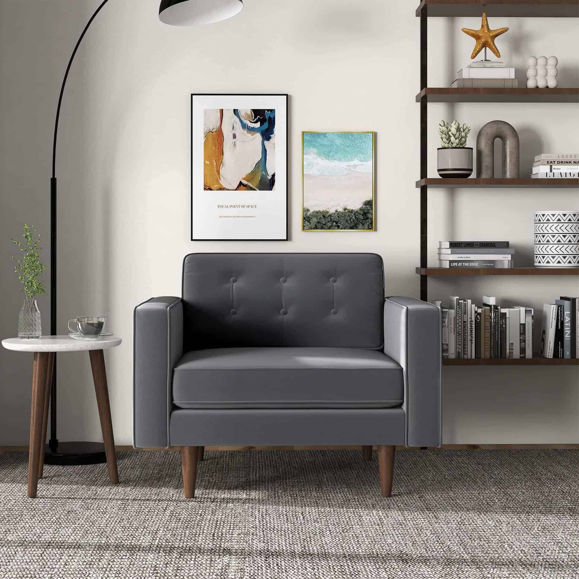 Grey Velvet Mid-Century Modern Lounge Chair with Walnut Legs