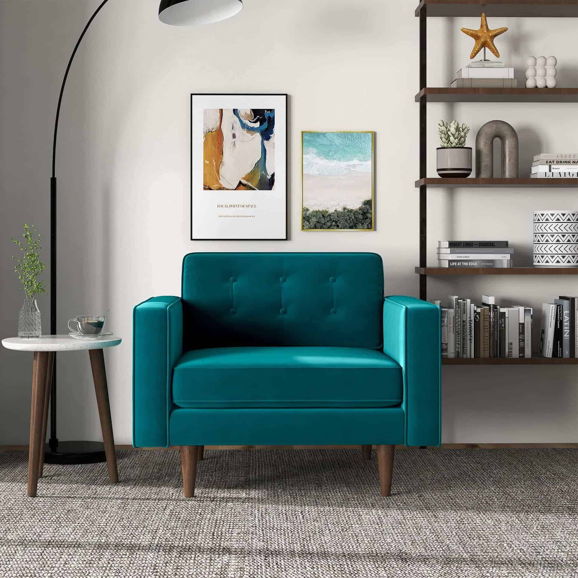 Teal Velvet Mid-Century Modern Lounge Chair With Walnut Legs