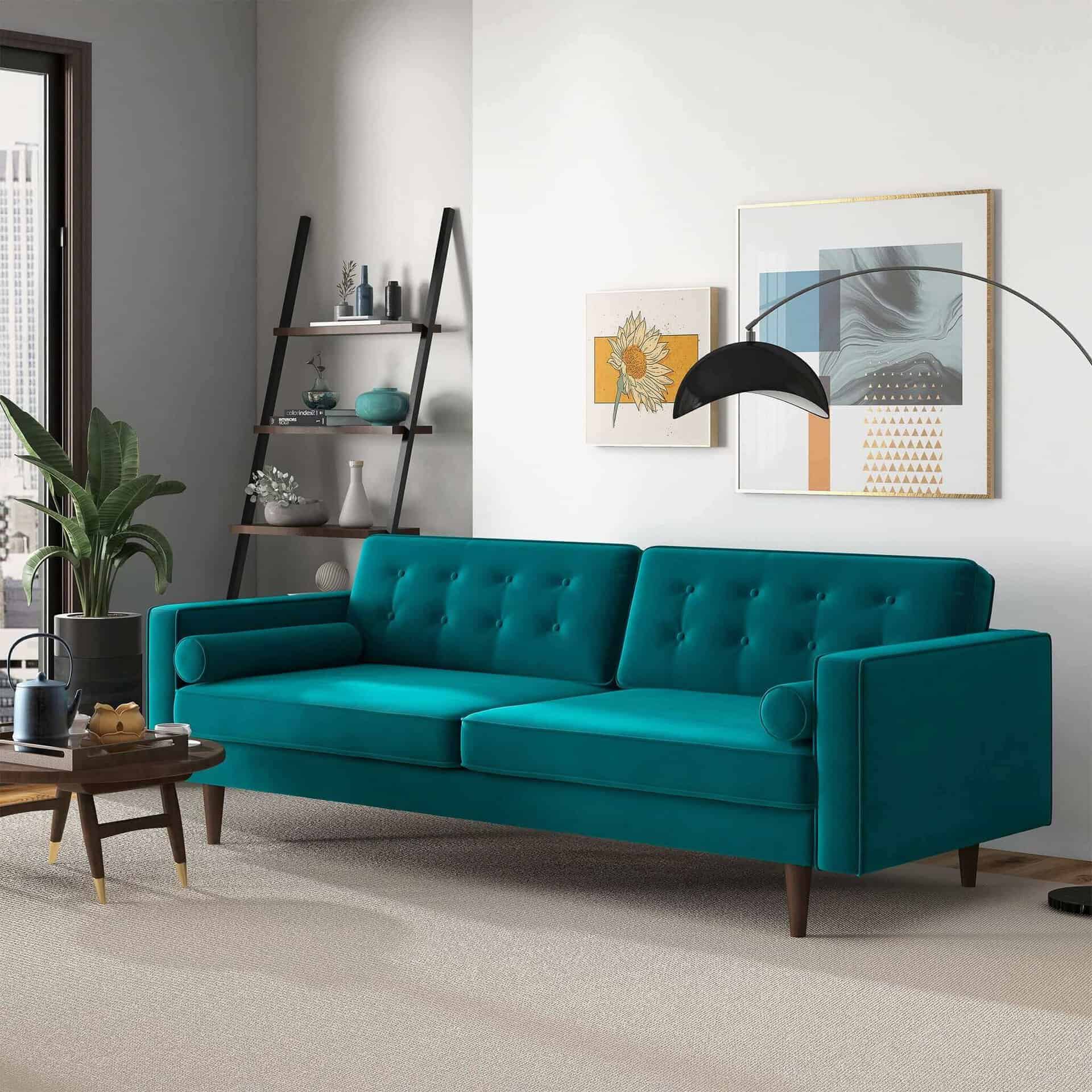 Teal Velvet Mid Century Modern Sofa with Removable Legs