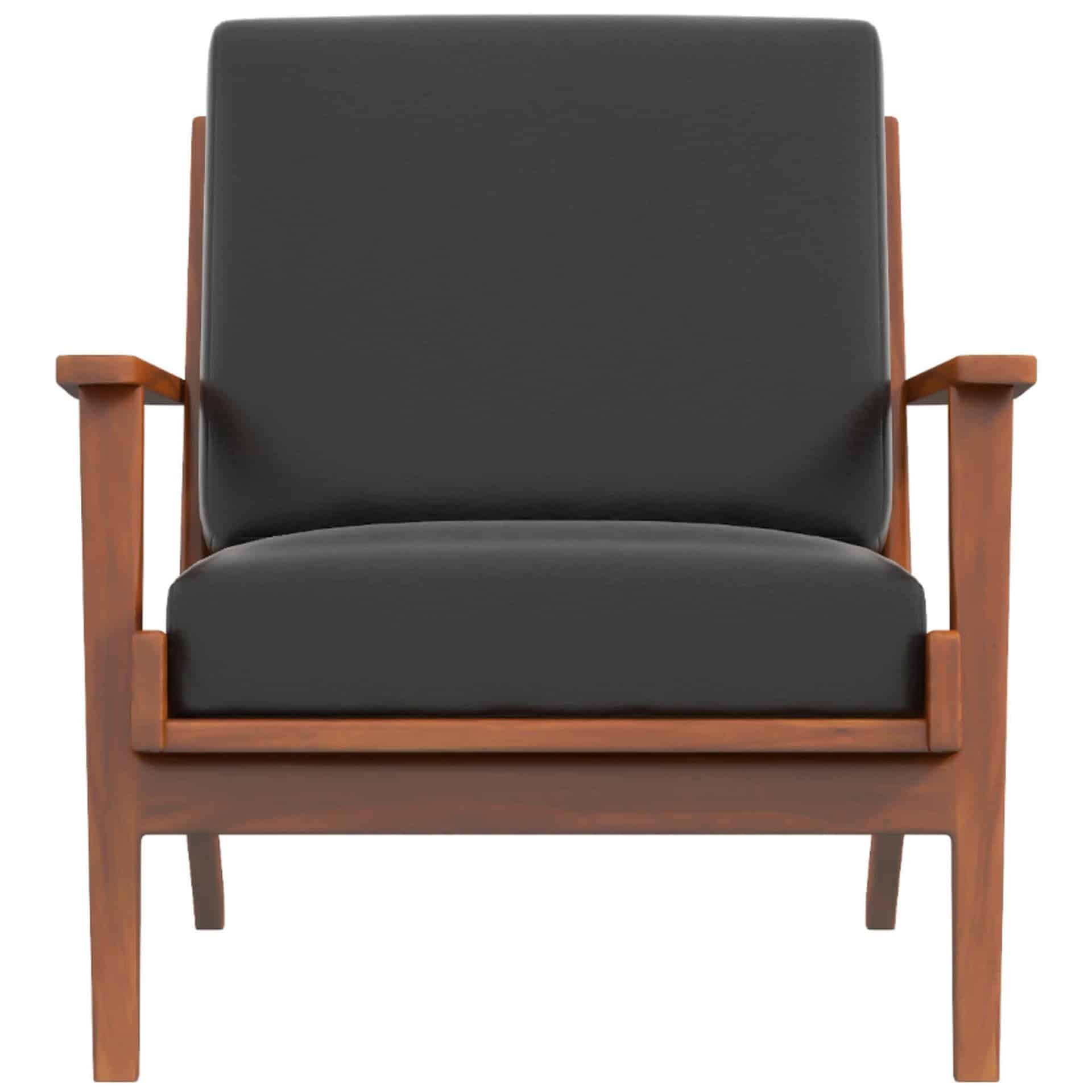 Black Leather Mid-Century Modern Lounge Chair With Solid Wood