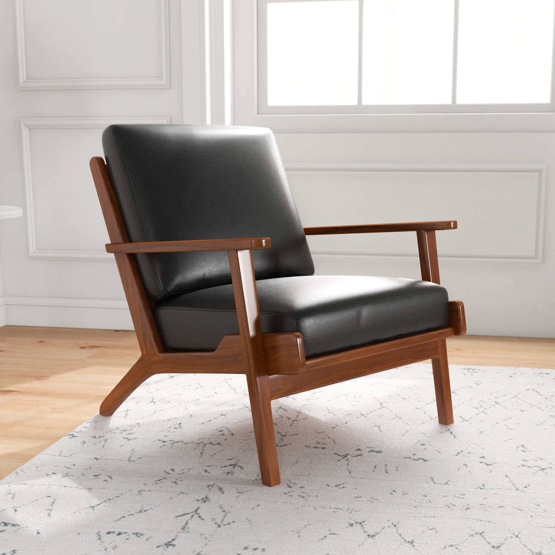 Black Leather Mid-Century Modern Lounge Chair With Solid Wood