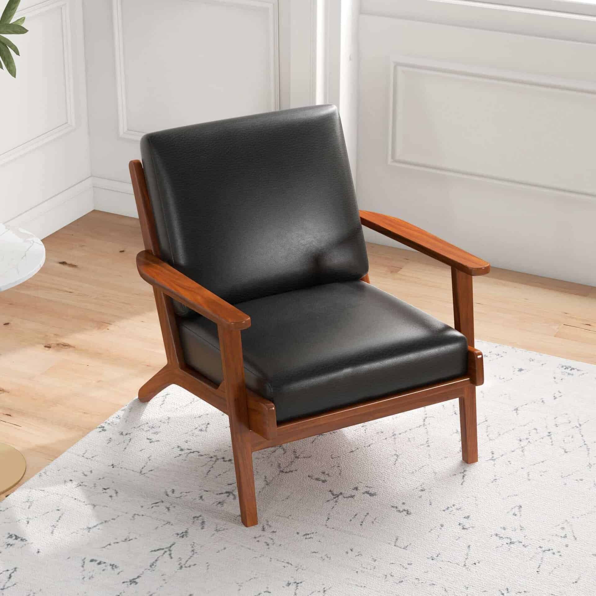 Black Leather Mid-Century Modern Lounge Chair With Solid Wood