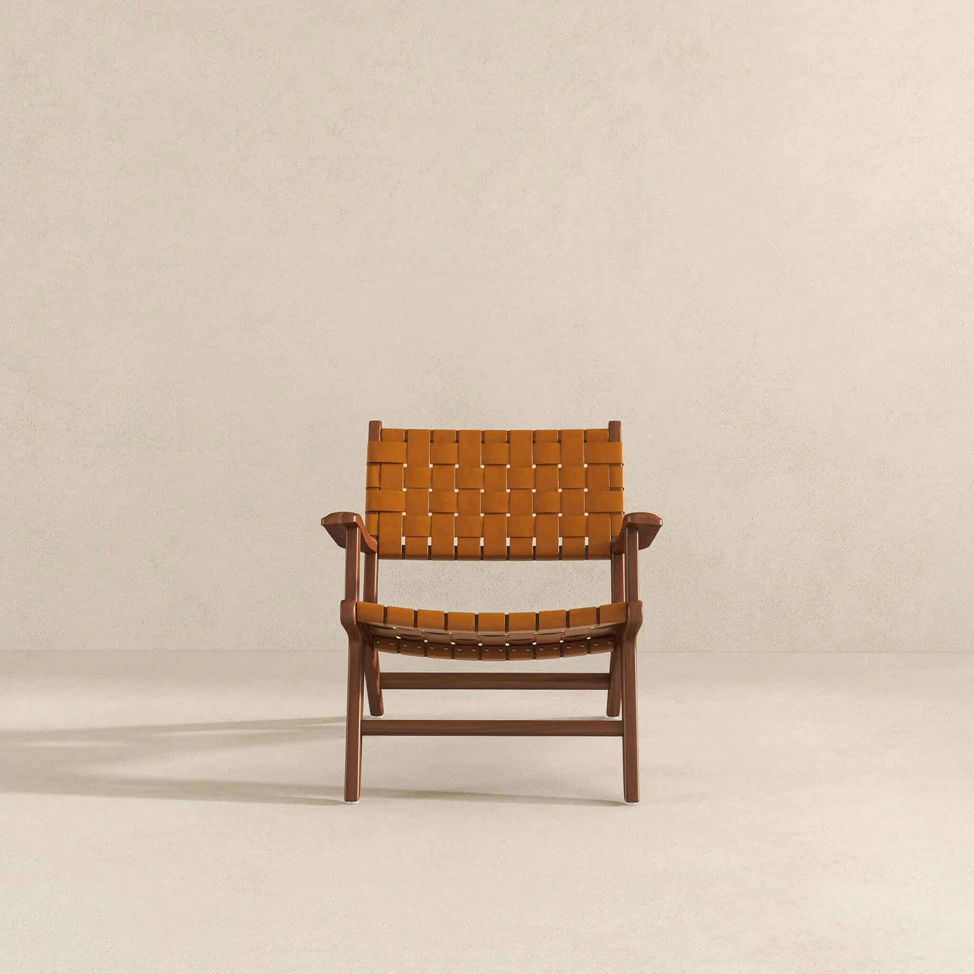 Tan Leather Teak Wood Lounge Chair Modern Design