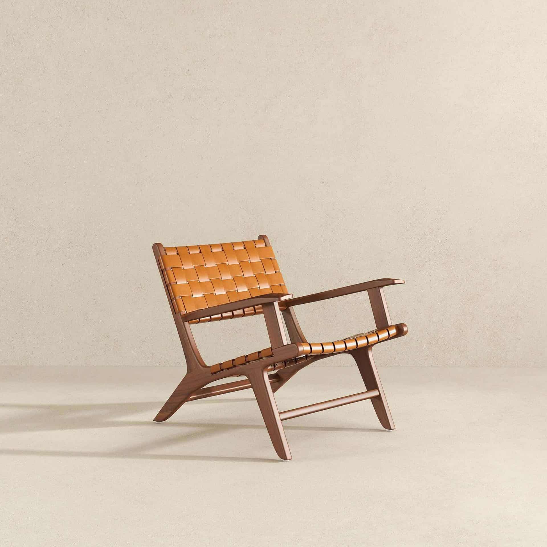 Tan Leather Teak Wood Lounge Chair Modern Design