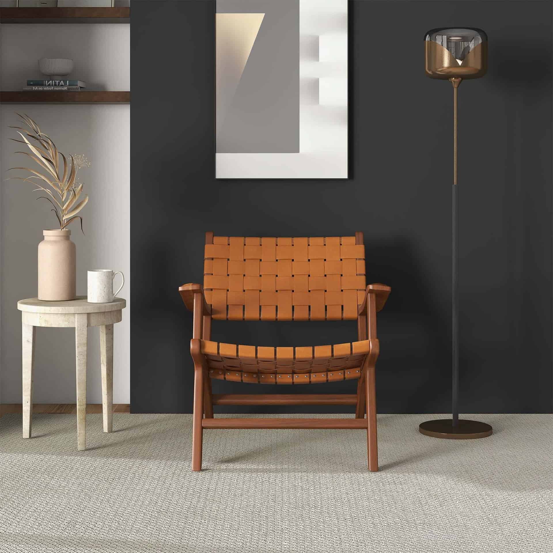 Tan Leather Teak Wood Lounge Chair Modern Design