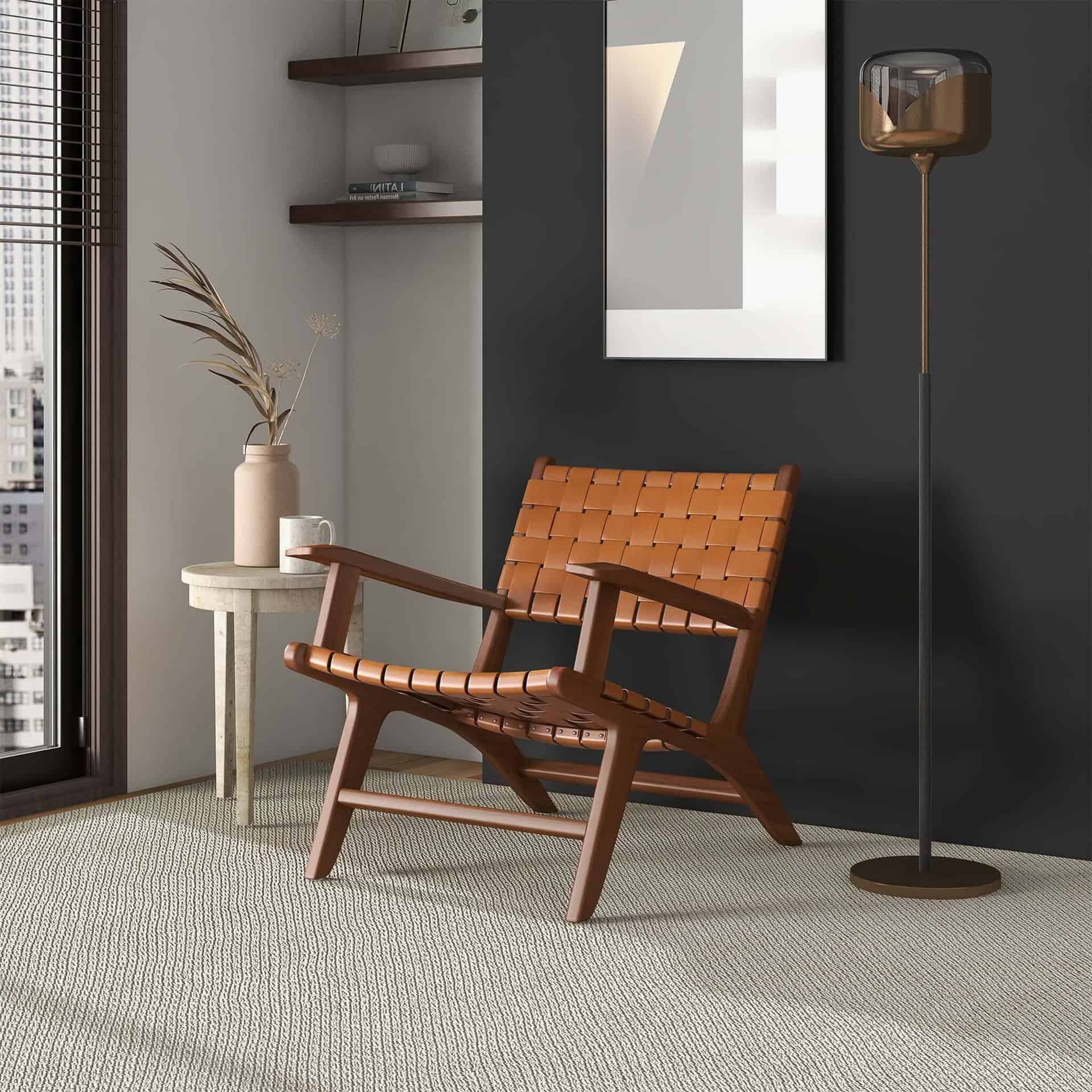 Tan Leather Teak Wood Lounge Chair Modern Design