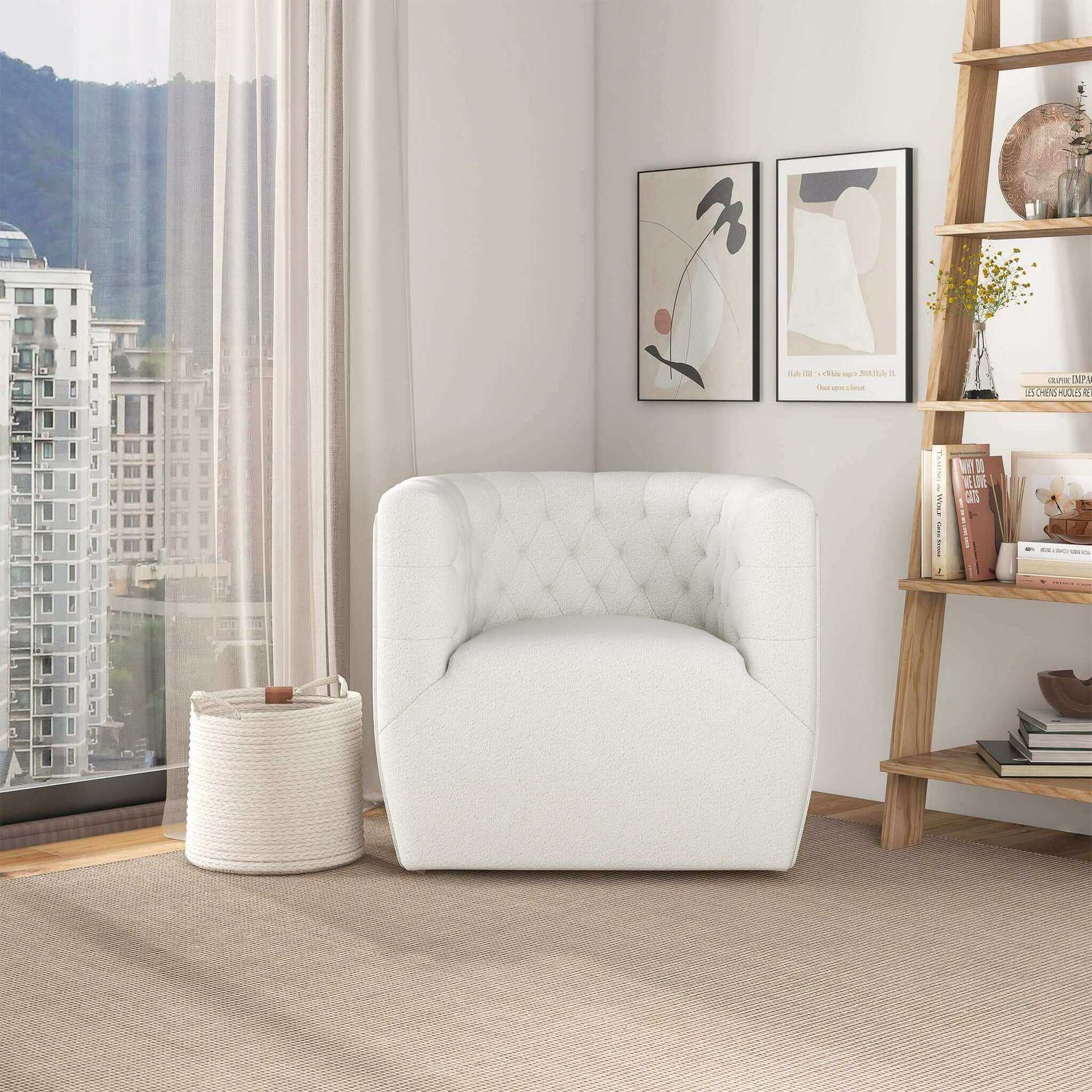 Cream Boucle Mid-Century Modern Swivel Accent Armchair