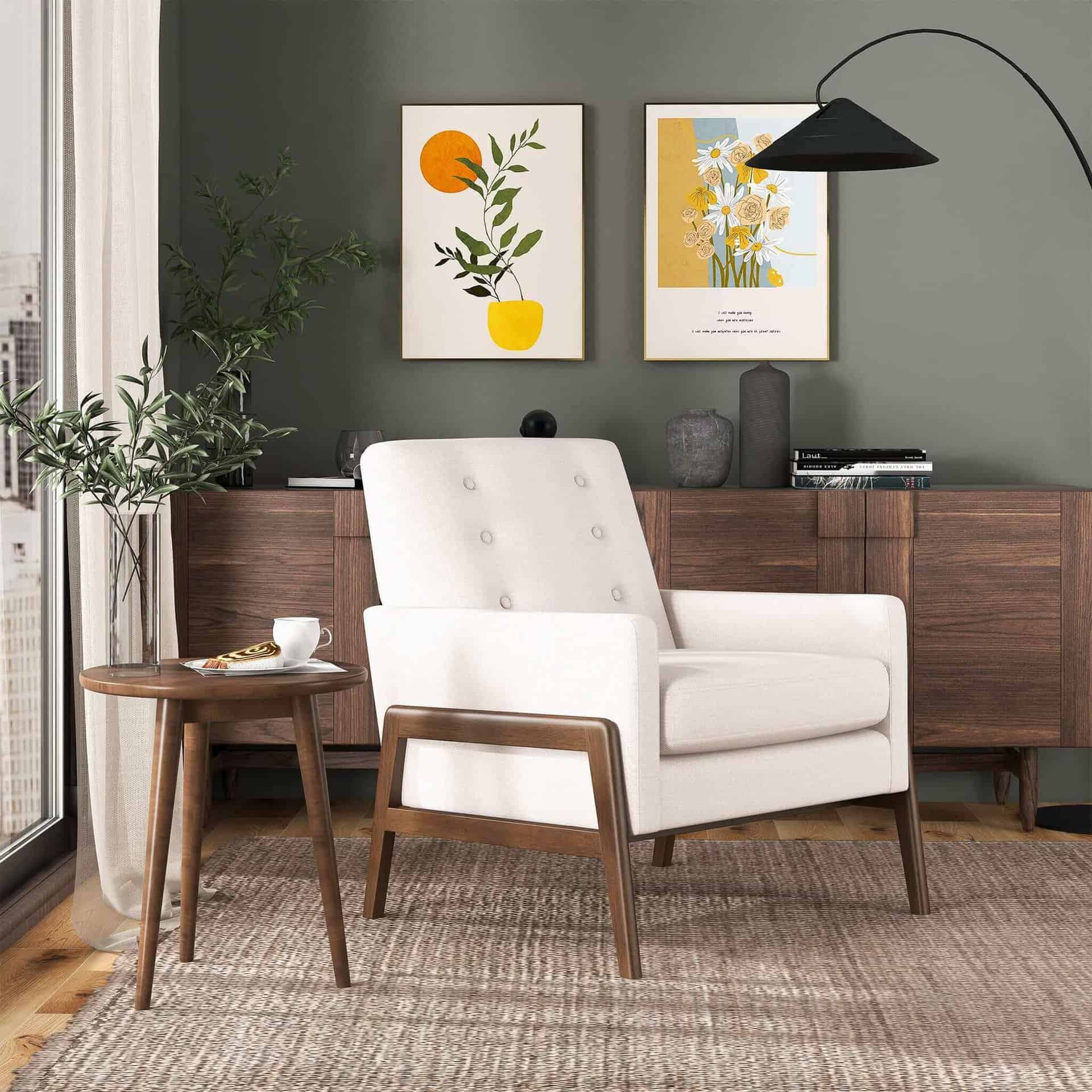 Beige Velvet Mid-Century Modern Solid Wood Lounge Chair