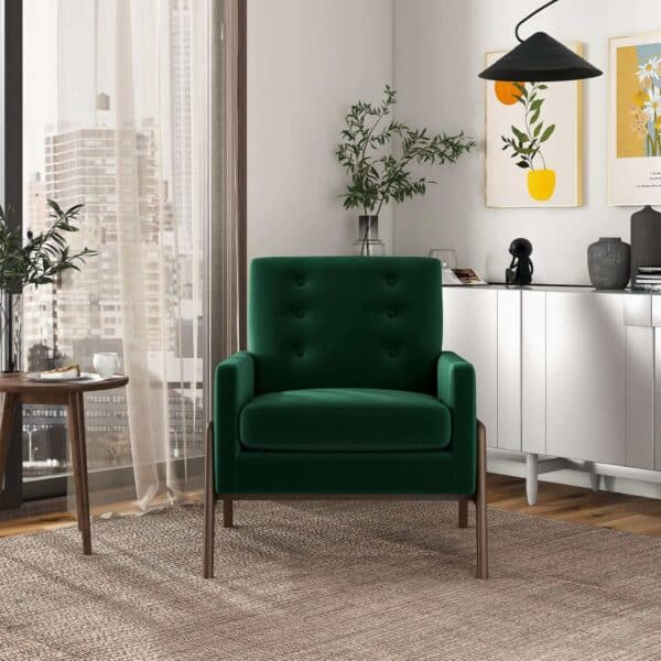 Green Velvet Mid-Century Modern Lounge Chair Solid Wood Frame