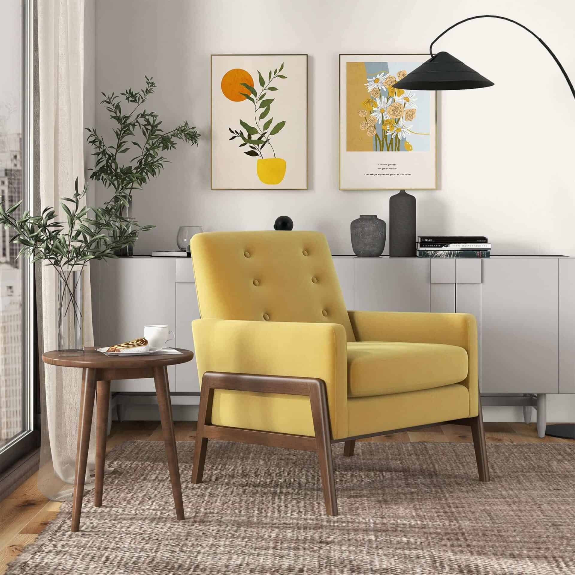 Yellow Velvet Mid-Century Lounge Chair With Solid Wood Frame - Image 4