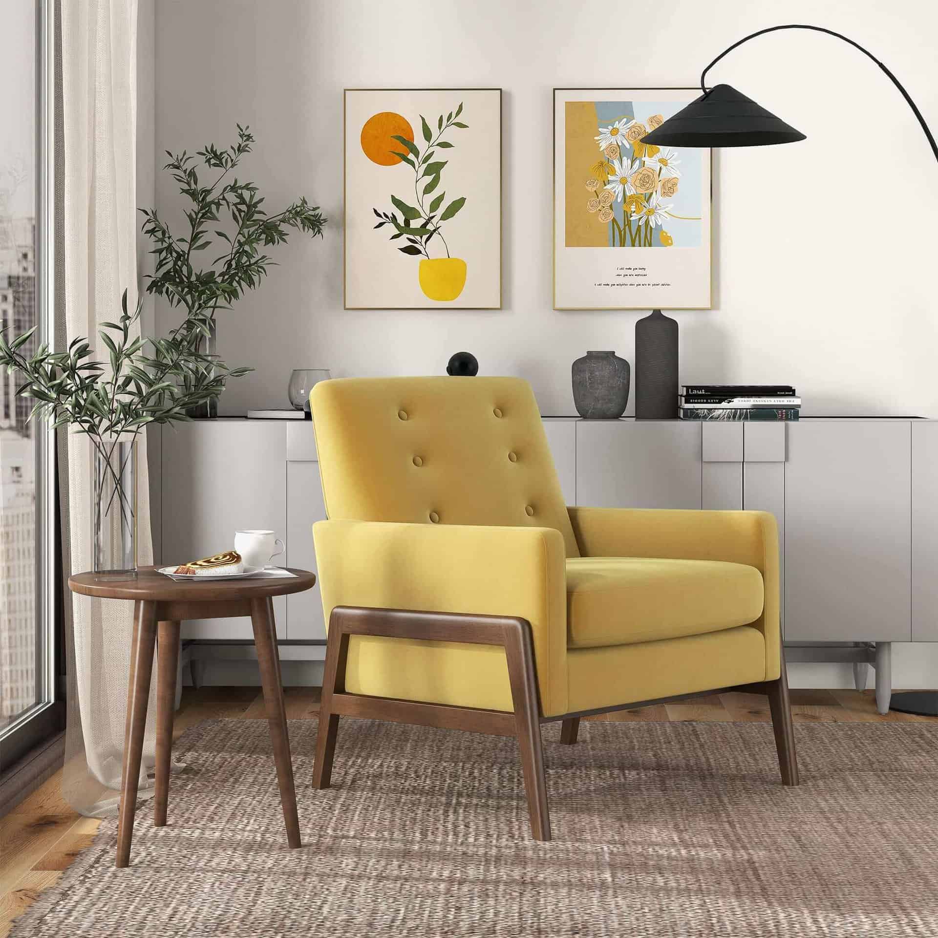 Yellow Velvet Mid-Century Lounge Chair With Solid Wood Frame