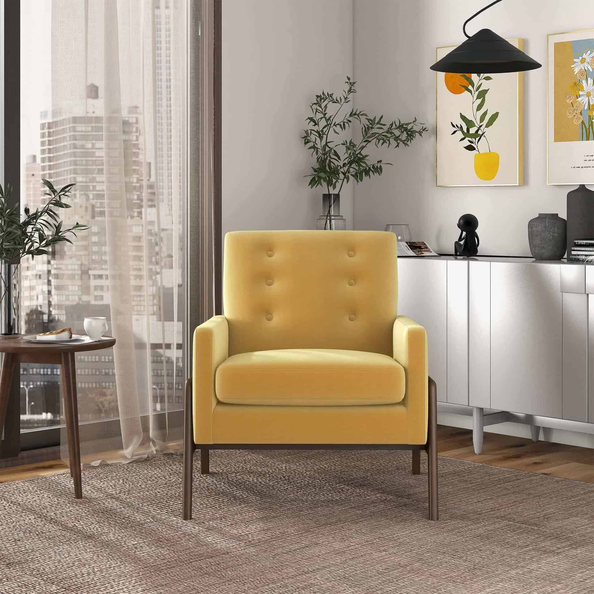 Yellow Velvet Mid-Century Lounge Chair With Solid Wood Frame