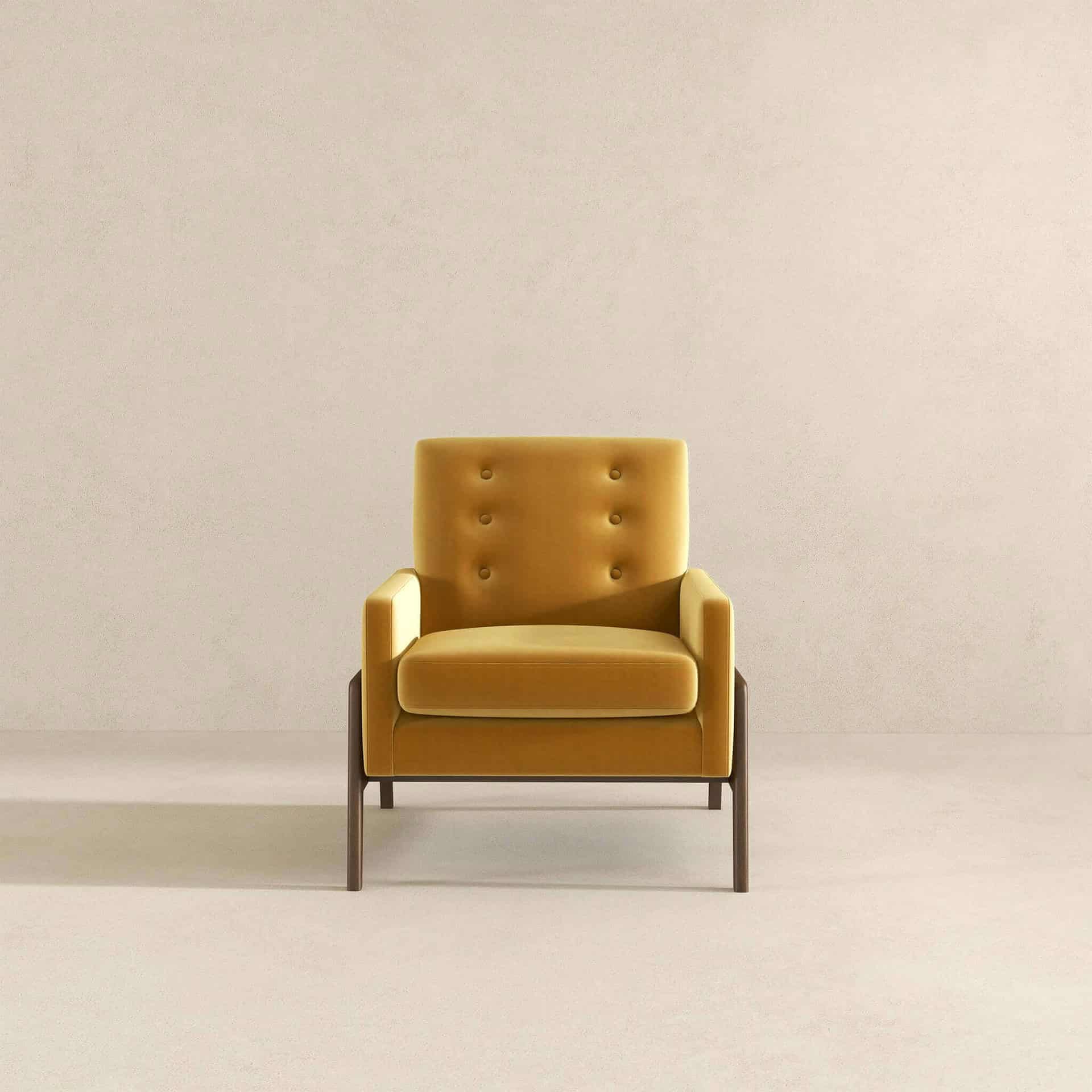 Yellow Velvet Mid-Century Lounge Chair With Solid Wood Frame