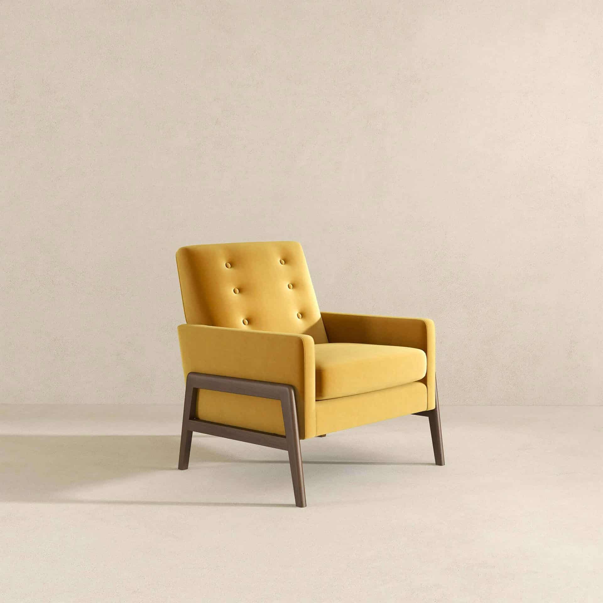 Yellow Velvet Mid-Century Lounge Chair With Solid Wood Frame