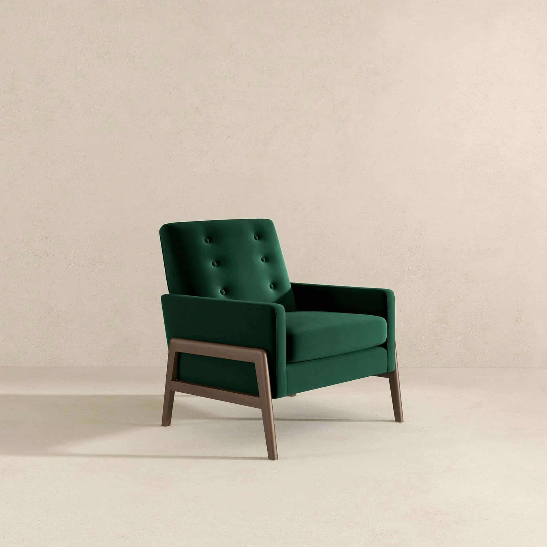 Green Velvet Mid-Century Modern Lounge Chair Solid Wood Frame