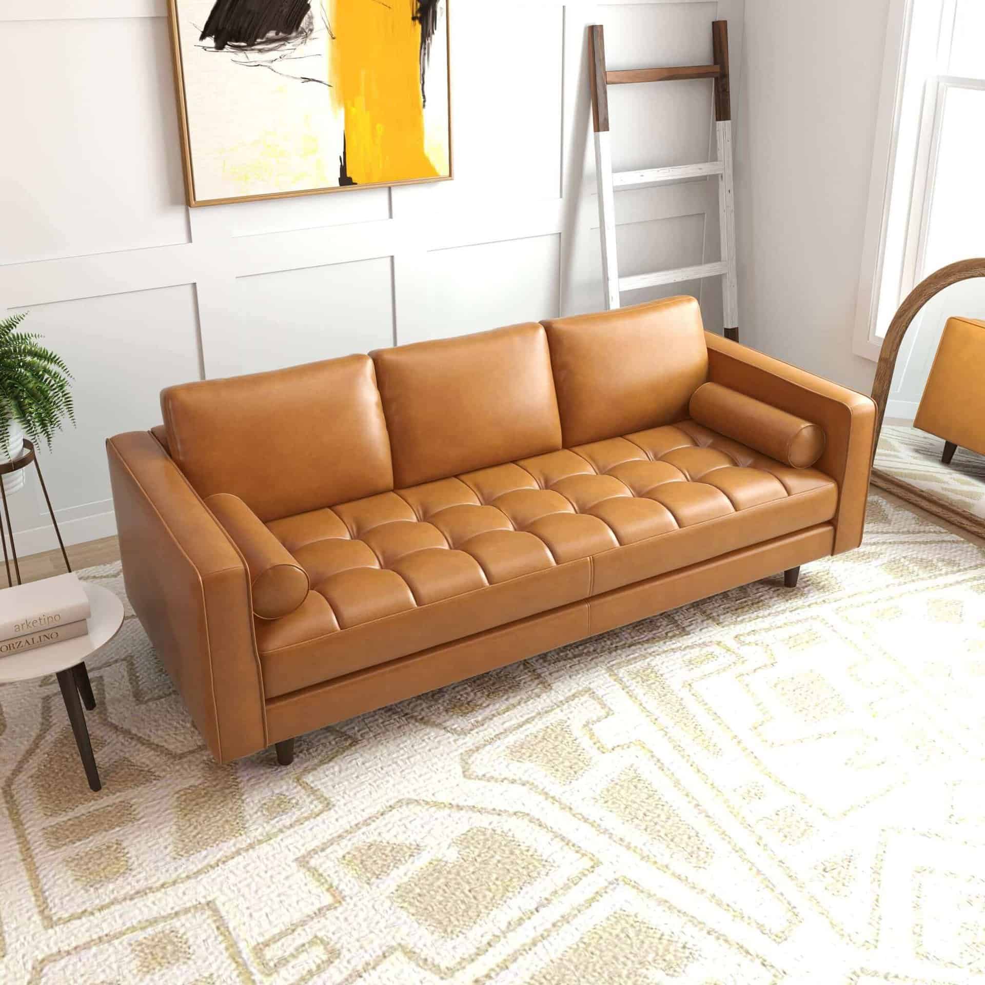 Tan Leather Tufted Mid-Century Modern Sofa with Solid Wood