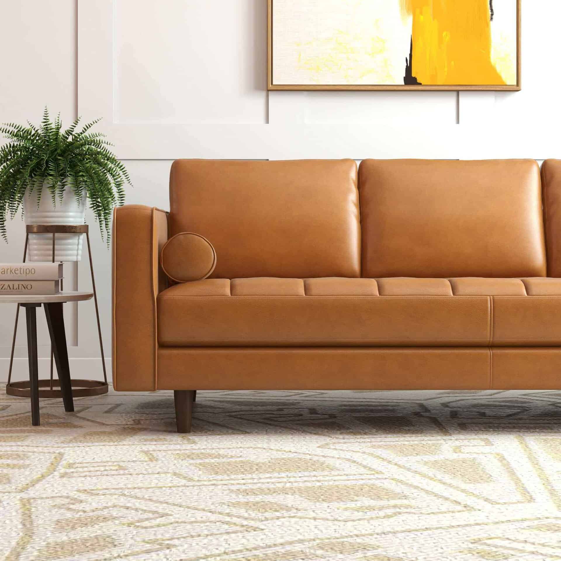 Tan Leather Tufted Mid-Century Modern Sofa with Solid Wood