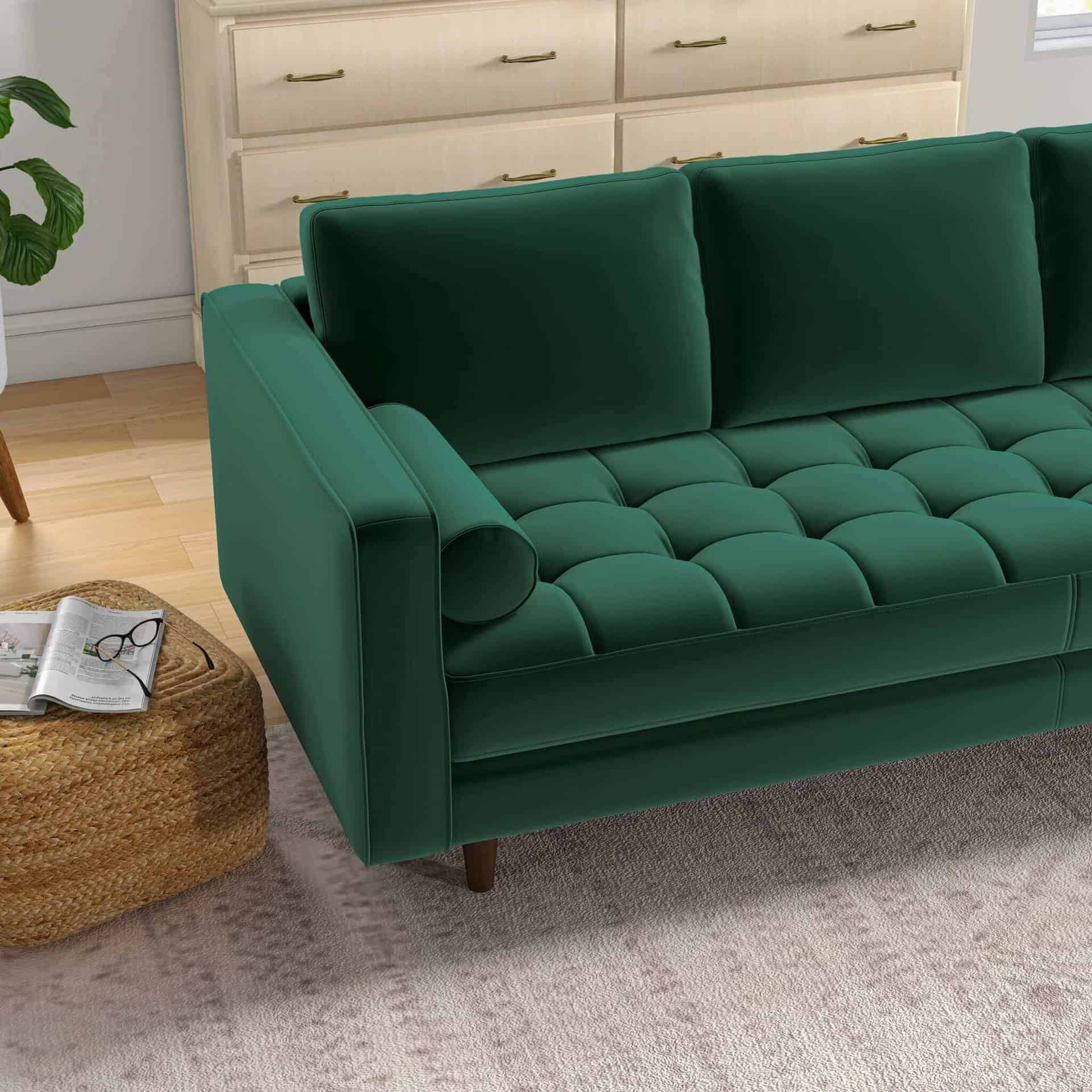 Tufted Green Linen Sofa With Solid Wood Frame