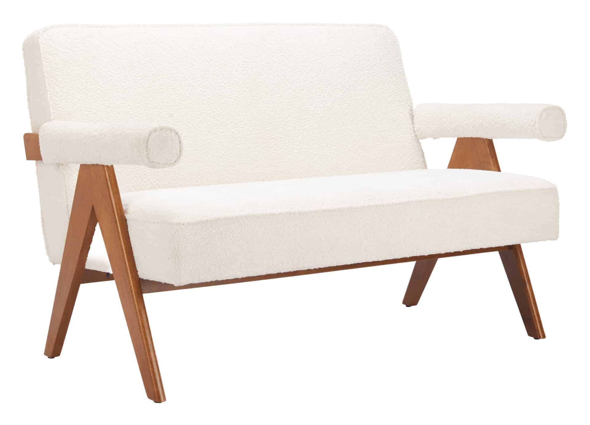 Ivory Loveseat with Rubberwood Legs and Padded Armrests