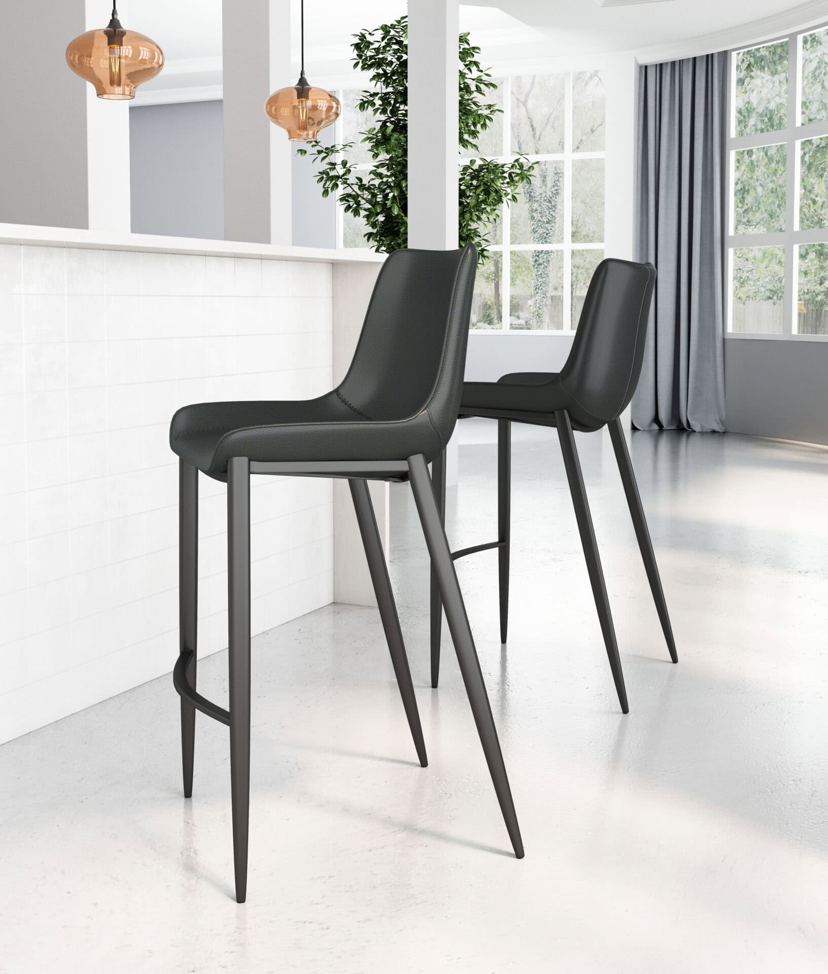 Black Faux Leather Barstool with Matte Steel Legs (Set of 2)
