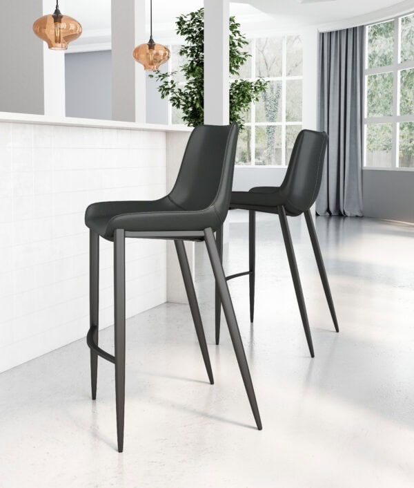 Black Faux Leather Barstool with Matte Steel Legs (Set of 2)