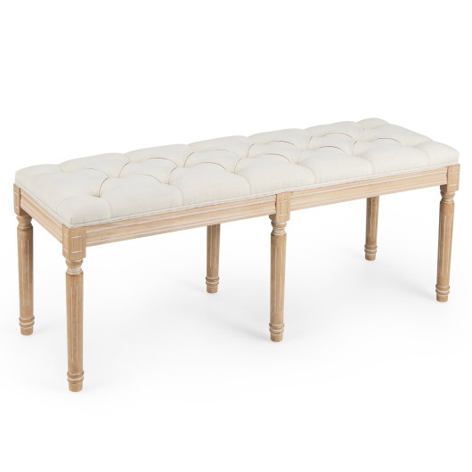 French Vintage Upholstered Bench 47 Inch with Button Tufting