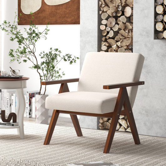 Modern Acacia Wood Accent Chair with Linen Fabric Cushions - Image 2
