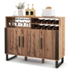 Brown Wine Bar Cabinet with Adjustable Shelves and Glass Holder