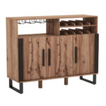 Brown Wine Bar Cabinet with Adjustable Shelves and Glass Holder