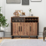 Brown Wine Bar Cabinet with Adjustable Shelves and Glass Holder