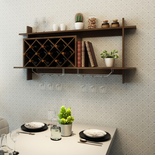 Wall Mounted Wine Rack with Glass Storage Shelf Walnut - Image 2