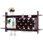 Wall Mounted Wine Rack with Glass Storage Shelf Walnut