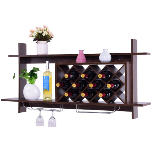 Wall Mounted Wine Rack with Glass Storage Shelf Walnut - Image 6