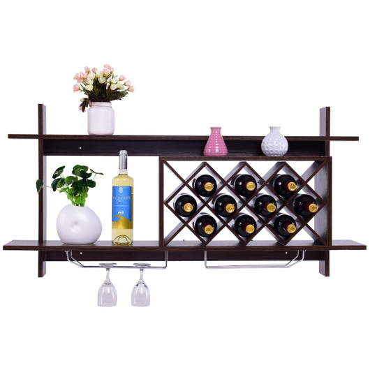 Wall Mounted Wine Rack with Glass Storage Shelf Walnut - Image 4