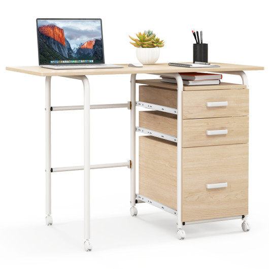 Folding Computer Desk with Drawers and Wheels for Home Office
