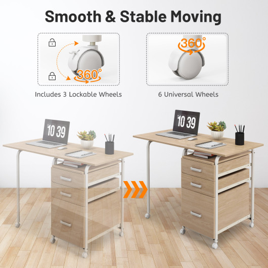 Folding Computer Desk with Drawers and Wheels for Home Office