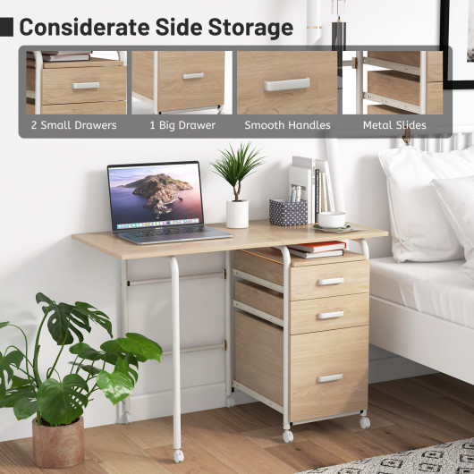 Folding Computer Desk with Drawers and Wheels for Home Office