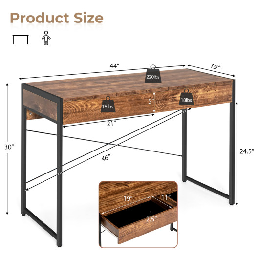Rustic 2-Drawer Office Desk with Steel Frame and Storage