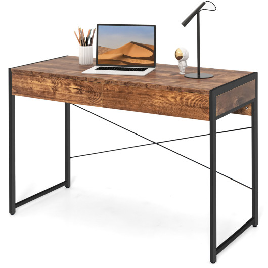 Rustic 2-Drawer Office Desk with Steel Frame and Storage